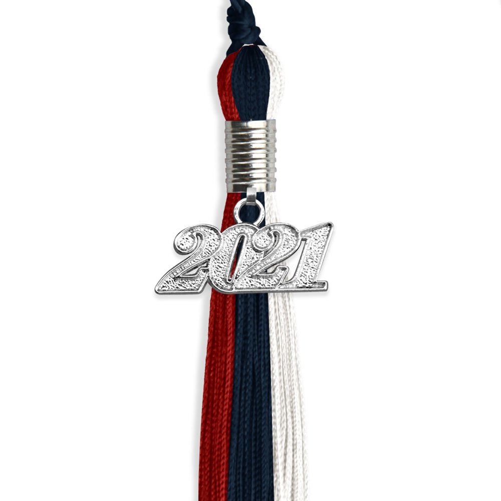 Dark Navy Blue/Red/White Graduation Tassel With Silver Date Drop - Endea Graduation