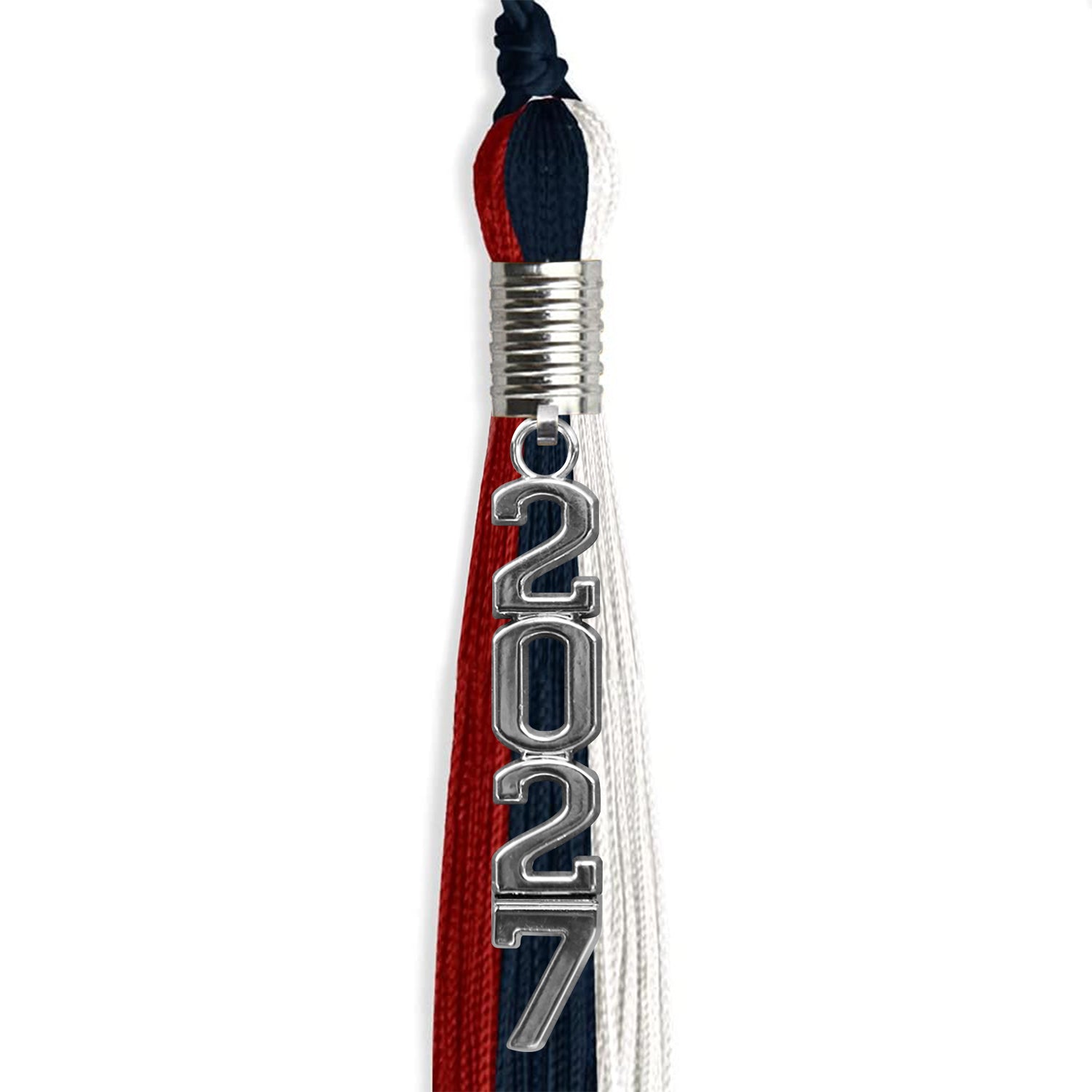 Dark Navy Blue/Red/White Graduation Tassel With Silver Stacked Date Drop - Endea Graduation