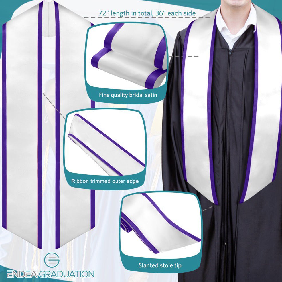 Endea Graduation Plain Honor Stole With Trim Color & Angled End Adult Unisex 72" White/Purple - Endea Graduation