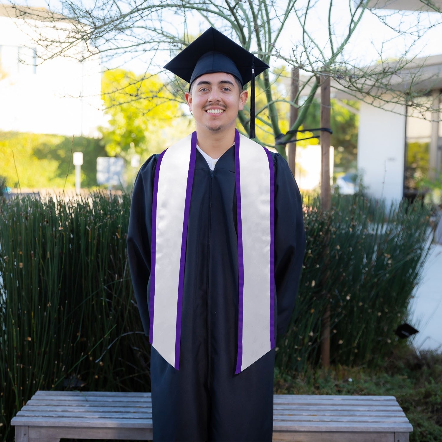 Endea Graduation Plain Honor Stole With Trim Color & Angled End Adult Unisex 72" White/Purple - Endea Graduation