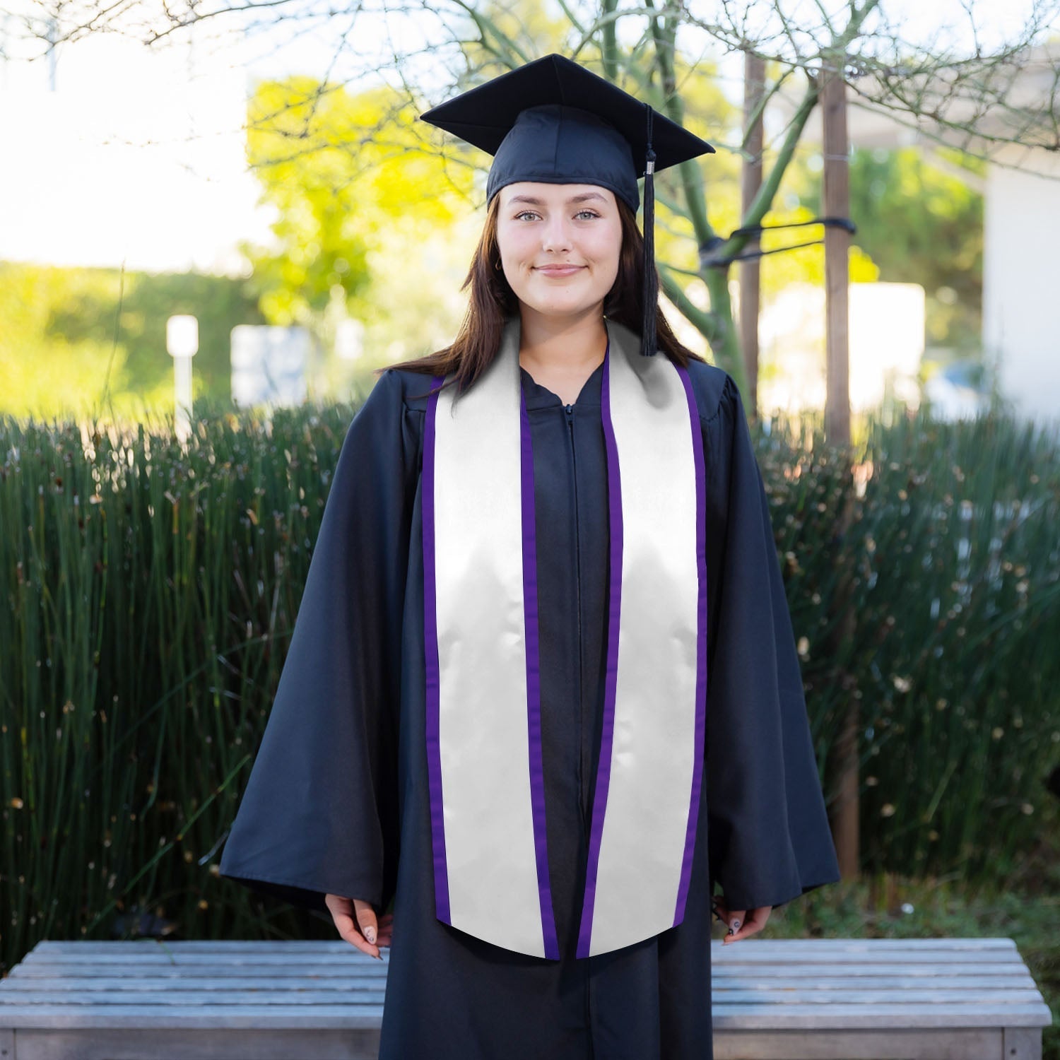 Endea Graduation Plain Honor Stole With Trim Color & Angled End Adult Unisex 72" White/Purple - Endea Graduation