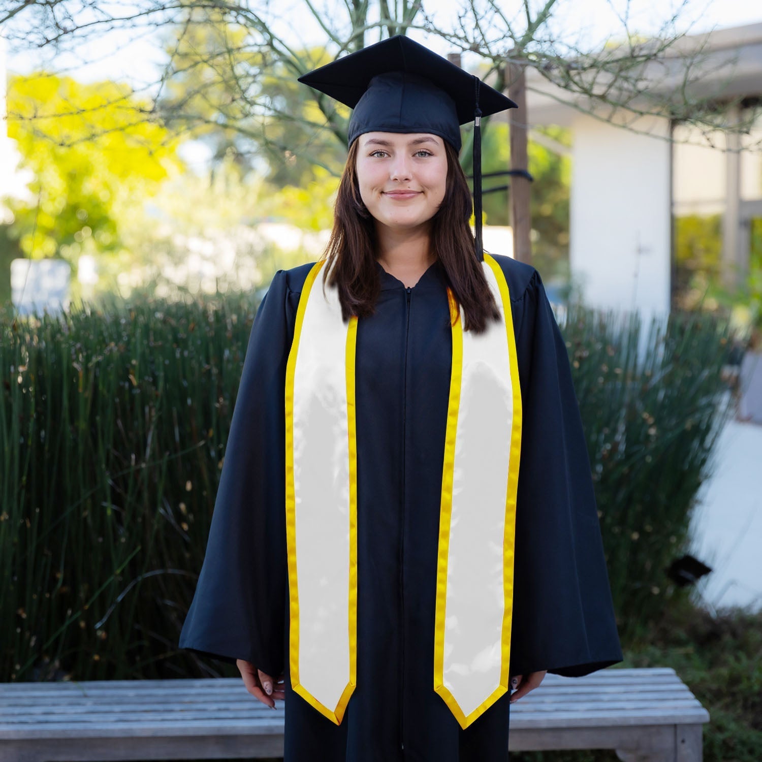 Endea Graduation Plain Honor Stole With Trim Color & Classic End Adult Unisex 72" White/Gold - Endea Graduation