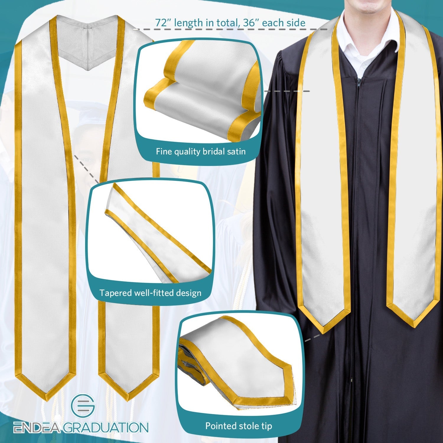 White/Gold Plain Graduation Stole with Trim Color & Classic End