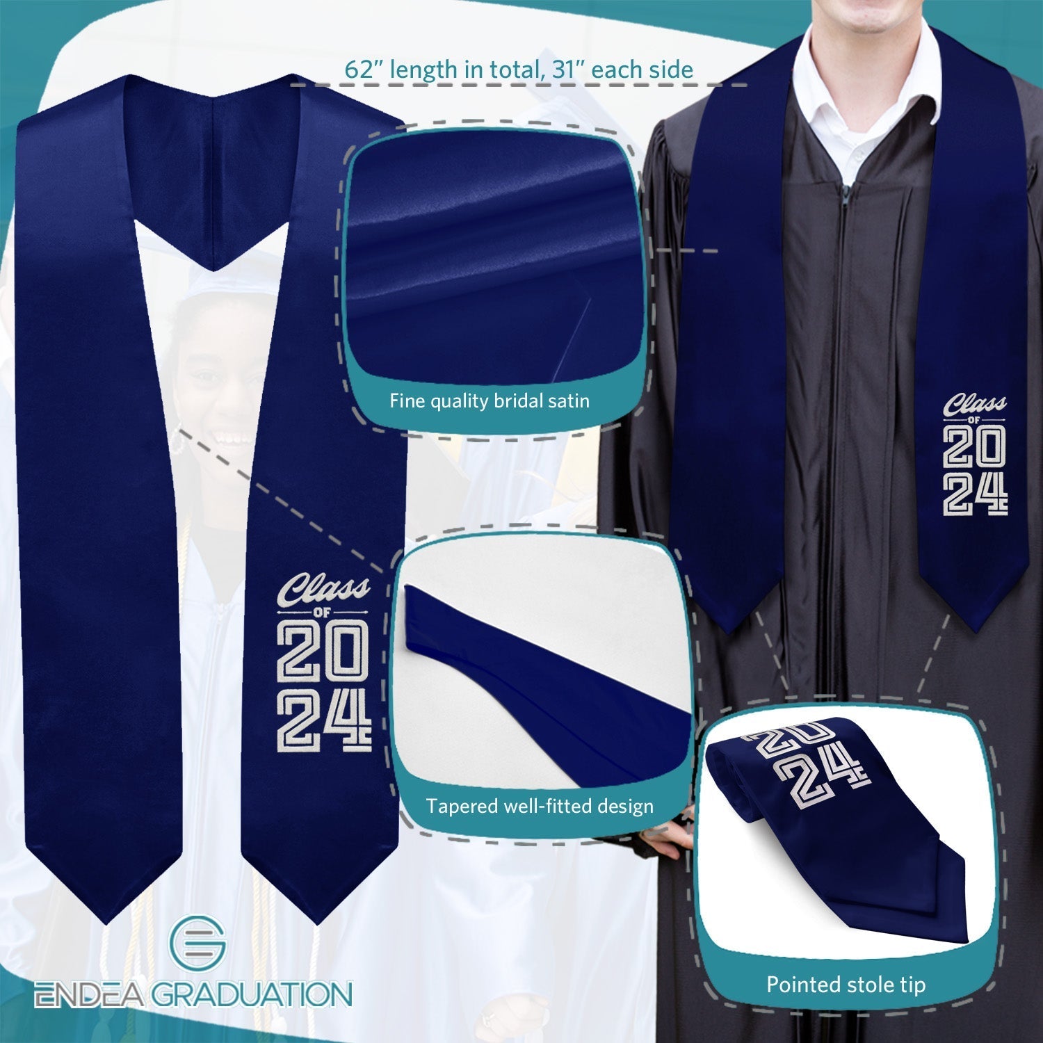 Endea Graduation Stole Class of 2024 With Classic Tips - Unisex Adult - 62" Long - Graduation Sash Navy Blue - Endea Graduation