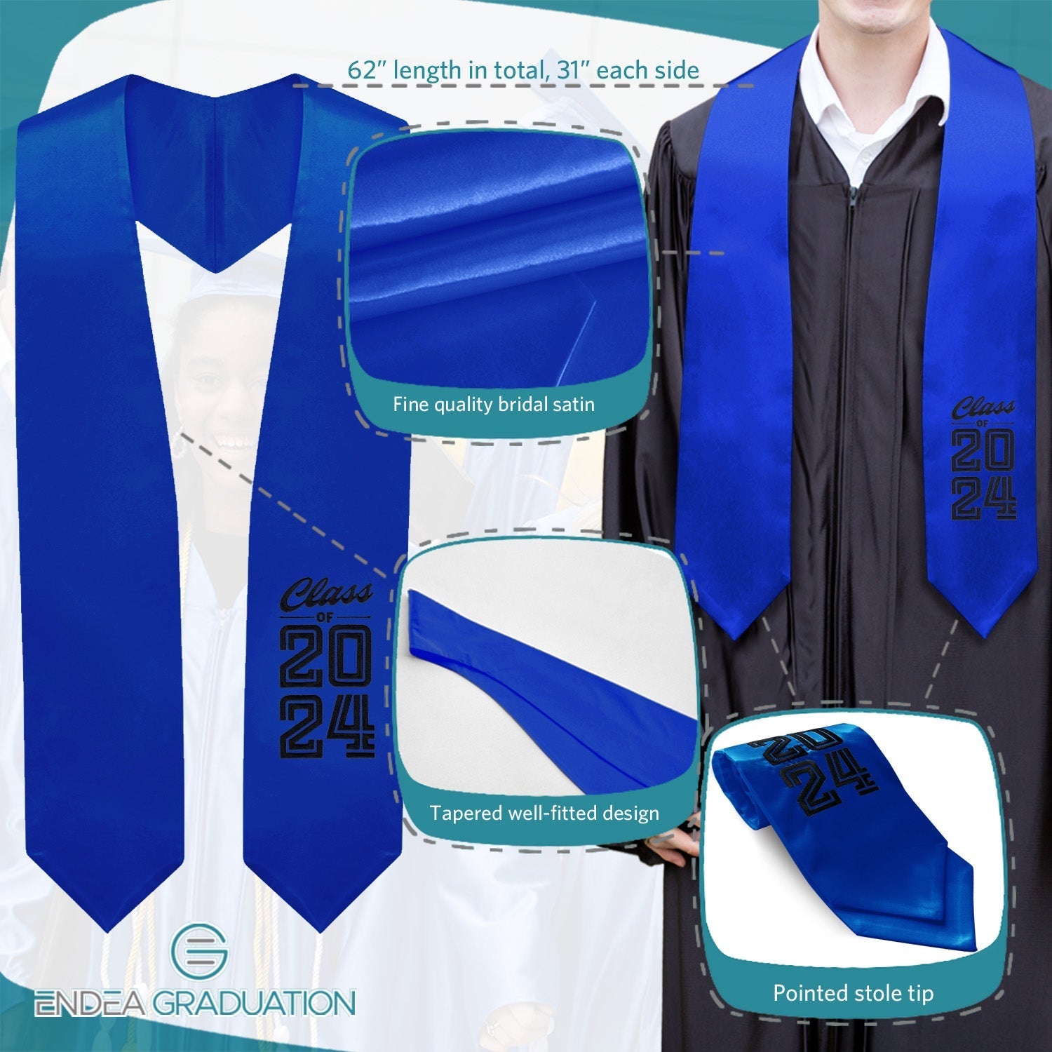 Endea Graduation Stole Class of 2024 With Classic Tips - Unisex Adult - 62" Long - Graduation Sash Royal Blue - Endea Graduation