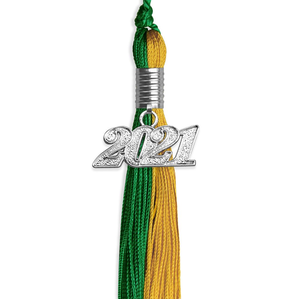 Green/Bright Gold Graduation Tassel With Silver Date Drop - Endea Graduation