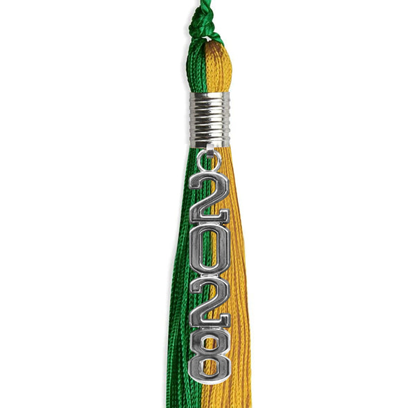 Green/Bright Gold Graduation Tassel With Silver Stacked Date Drop - Endea Graduation