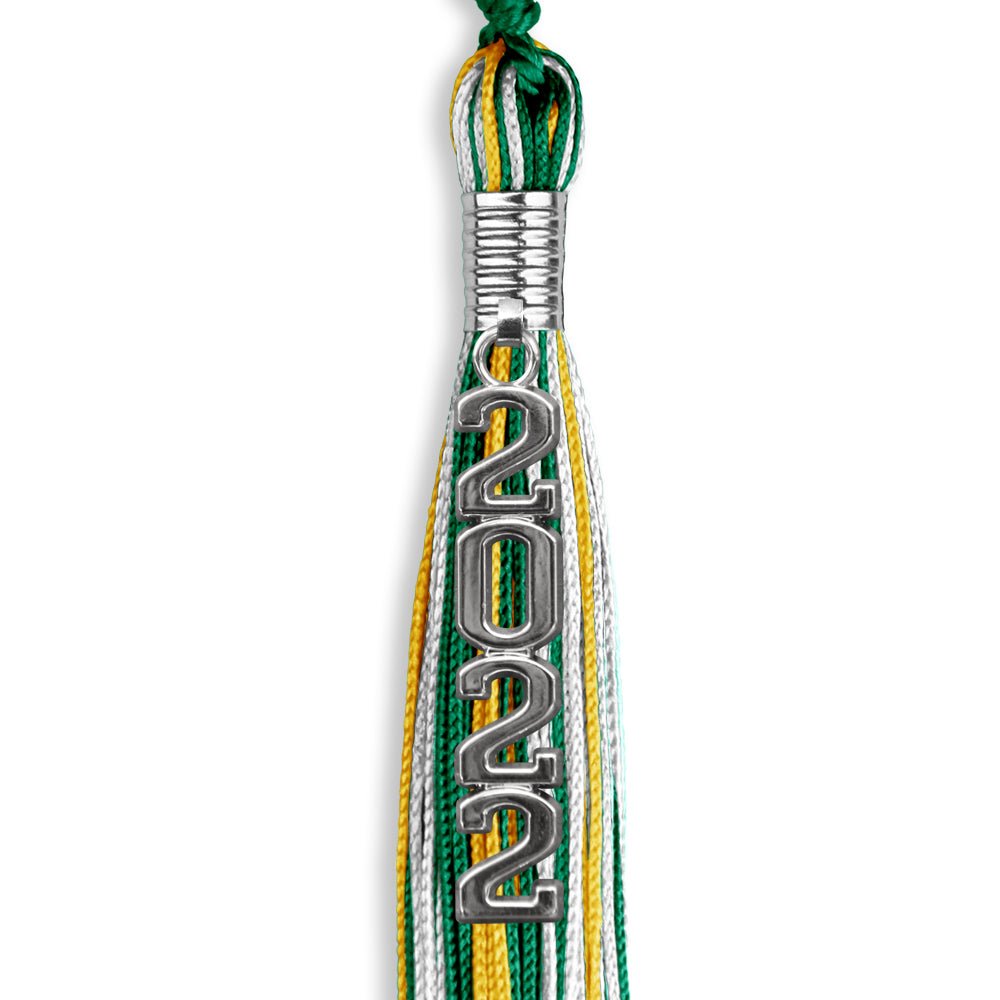 Green/Gold/White Graduation Tassel With Silver Stacked Date Drop - Endea Graduation