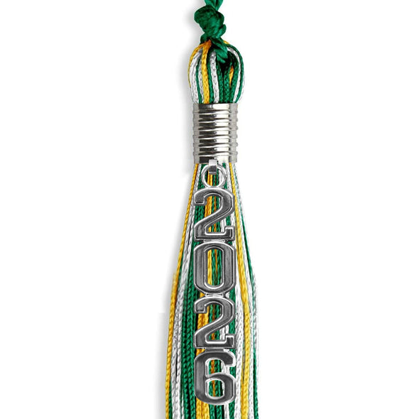Green/Gold/White Mixed Color Graduation Tassel With Silver Stacked Date Drop - Endea Graduation