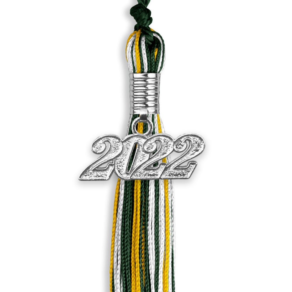 Hunter Green/Gold/White Mixed Color Graduation Tassel With Silver Date Drop - Endea Graduation