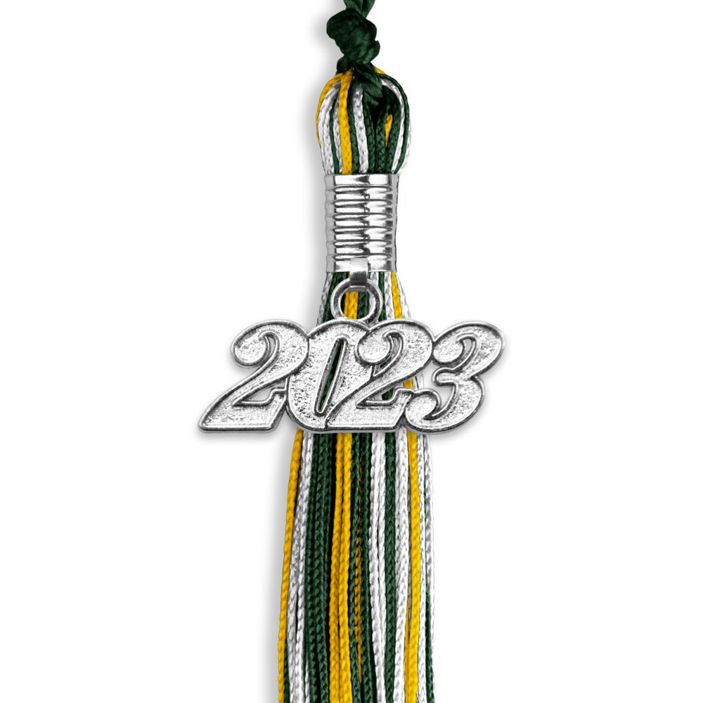 Hunter Green/Gold/White Mixed Color Graduation Tassel With Silver Date Drop - Endea Graduation