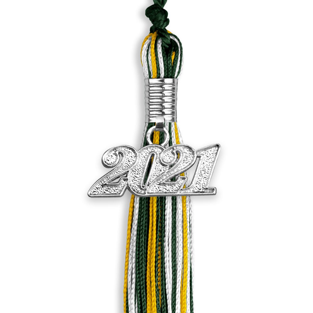 Hunter Green/Gold/White Mixed Color Graduation Tassel With Silver Date Drop - Endea Graduation