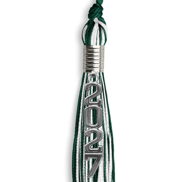 Hunter Green/White Mixed Color Graduation Tassel With Stacked Silver Date Drop - Endea Graduation