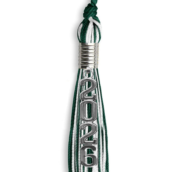 Hunter Green/White Mixed Color Graduation Tassel With Stacked Silver Date Drop - Endea Graduation