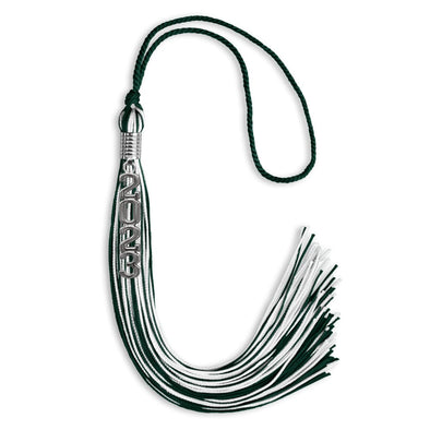Hunter Green/White Mixed Color Graduation Tassel With Stacked Silver Date Drop - Endea Graduation