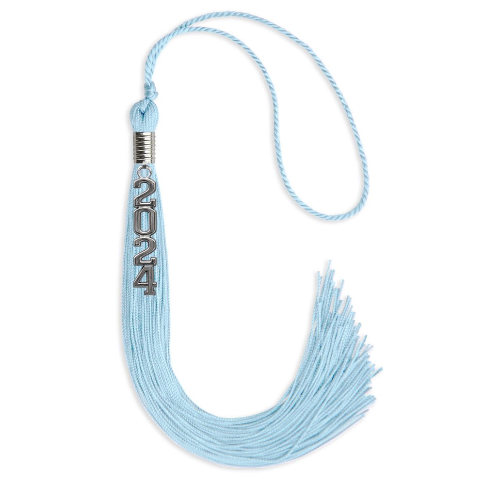 Light Blue Graduation Tassel With Silver Stacked Date Drop - Endea Graduation