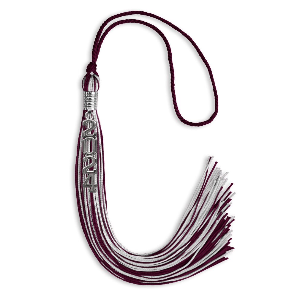 Maroon/Silver Mixed Color Graduation Tassel With Stacked Silver Date Drop - Endea Graduation