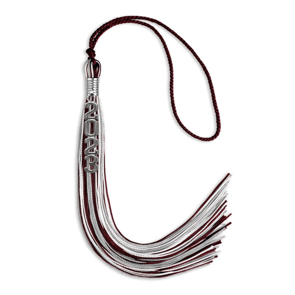 Maroon/Silver/White Graduation Tassel With Silver Stacked Date Drop - Endea Graduation