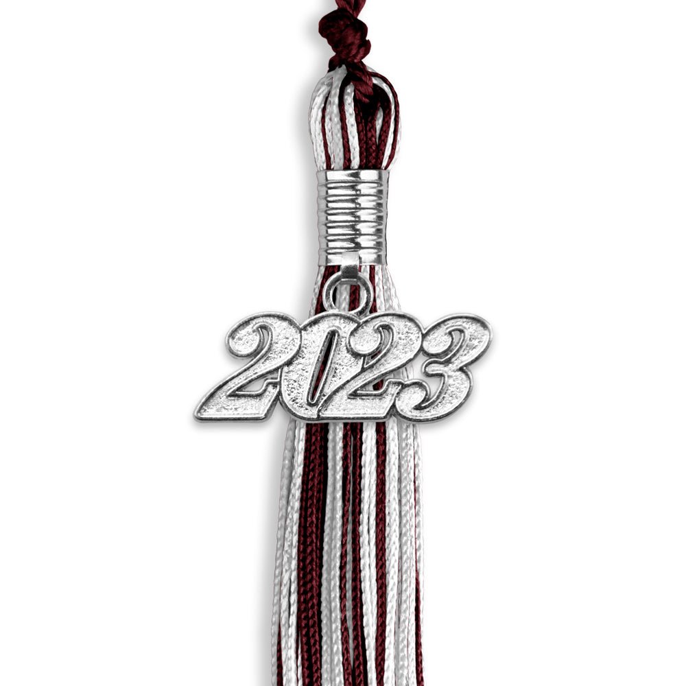 Maroon/Silver/White Mixed Color Graduation Tassel With Silver Date Drop - Endea Graduation