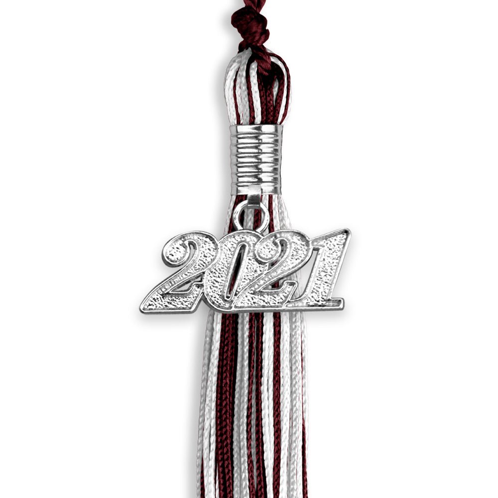 Maroon/Silver/White Mixed Color Graduation Tassel With Silver Date Drop - Endea Graduation