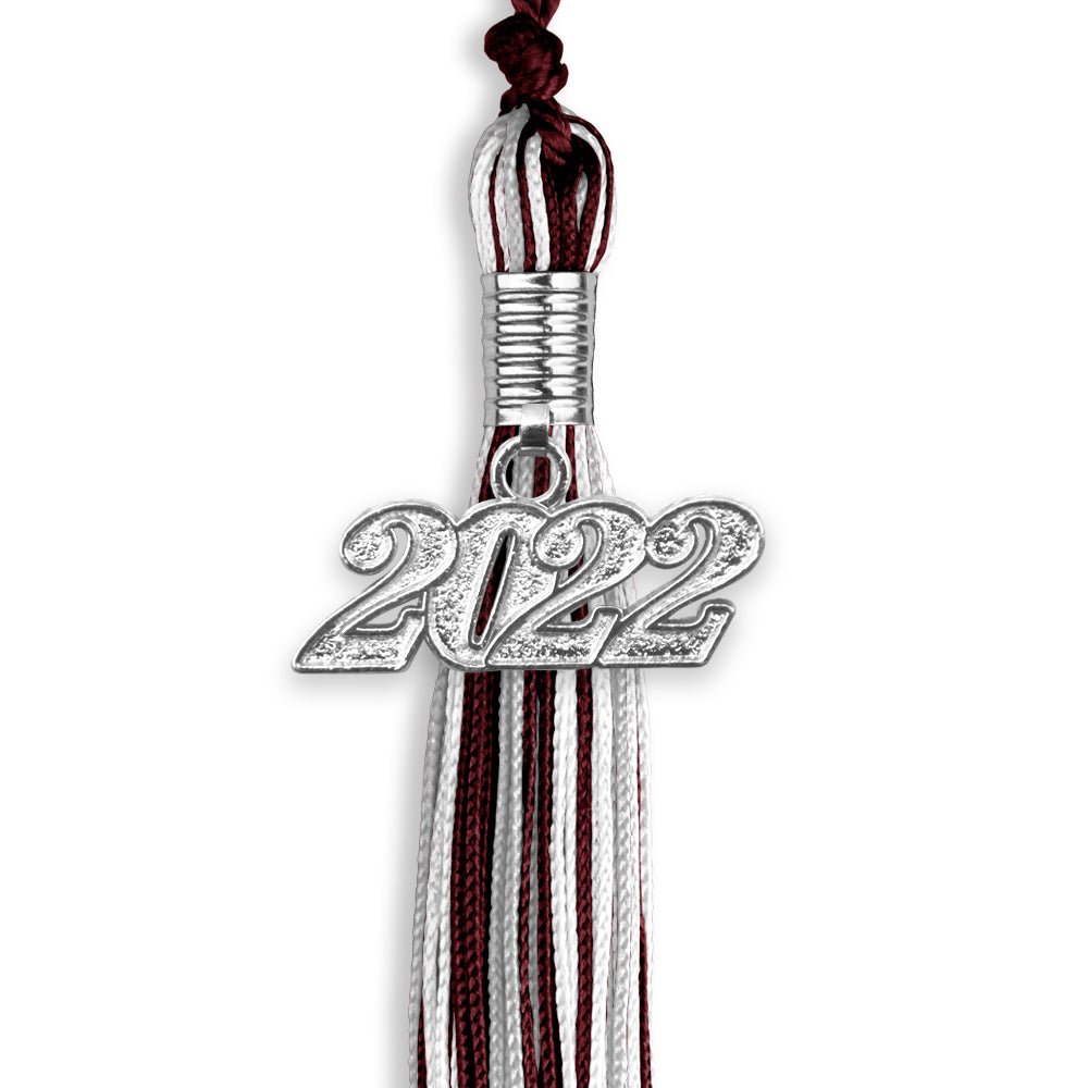 Maroon/Silver/White Mixed Color Graduation Tassel With Silver Date Drop - Endea Graduation