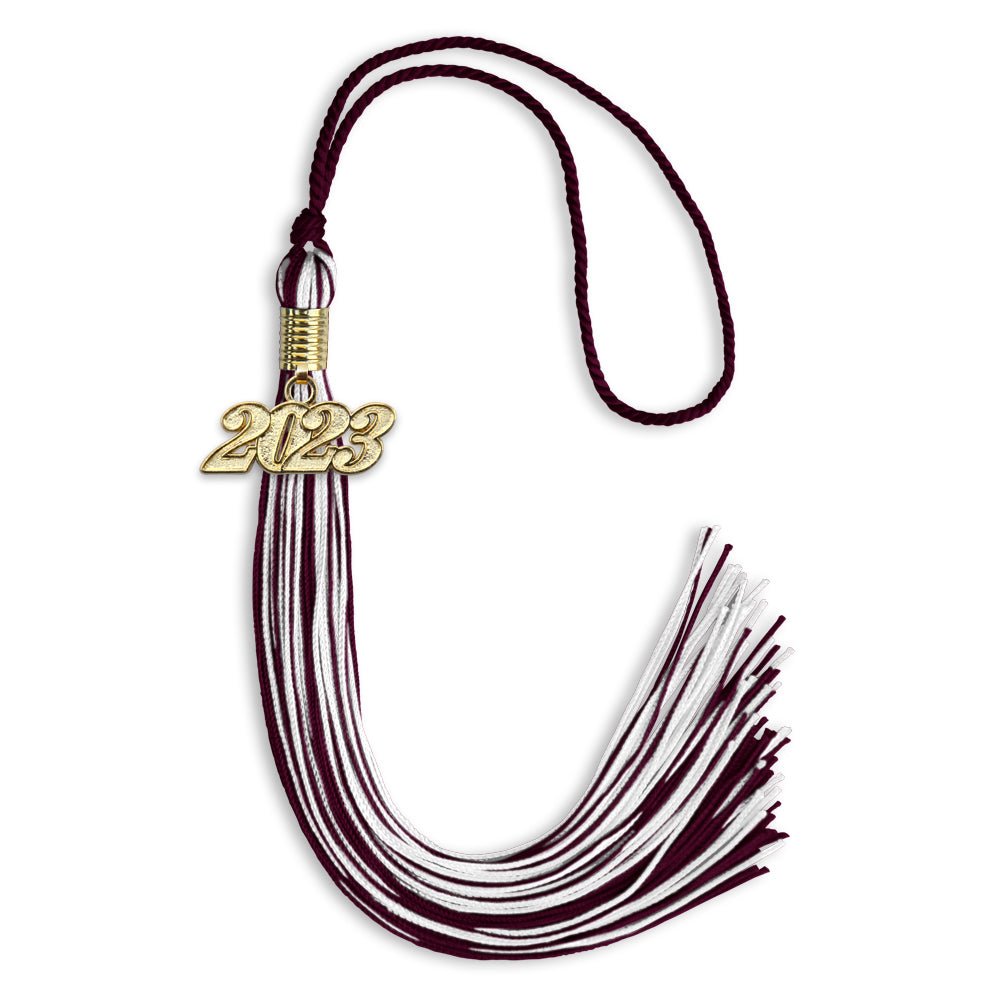 Maroon/White Mixed Color Graduation Tassel With Gold Date Drop - Endea Graduation