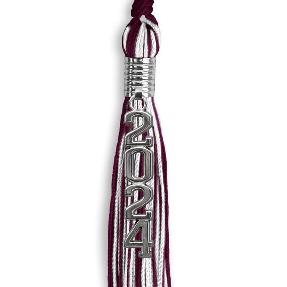 Maroon/White Mixed Color Graduation Tassel With Stacked Silver Date Drop - Endea Graduation
