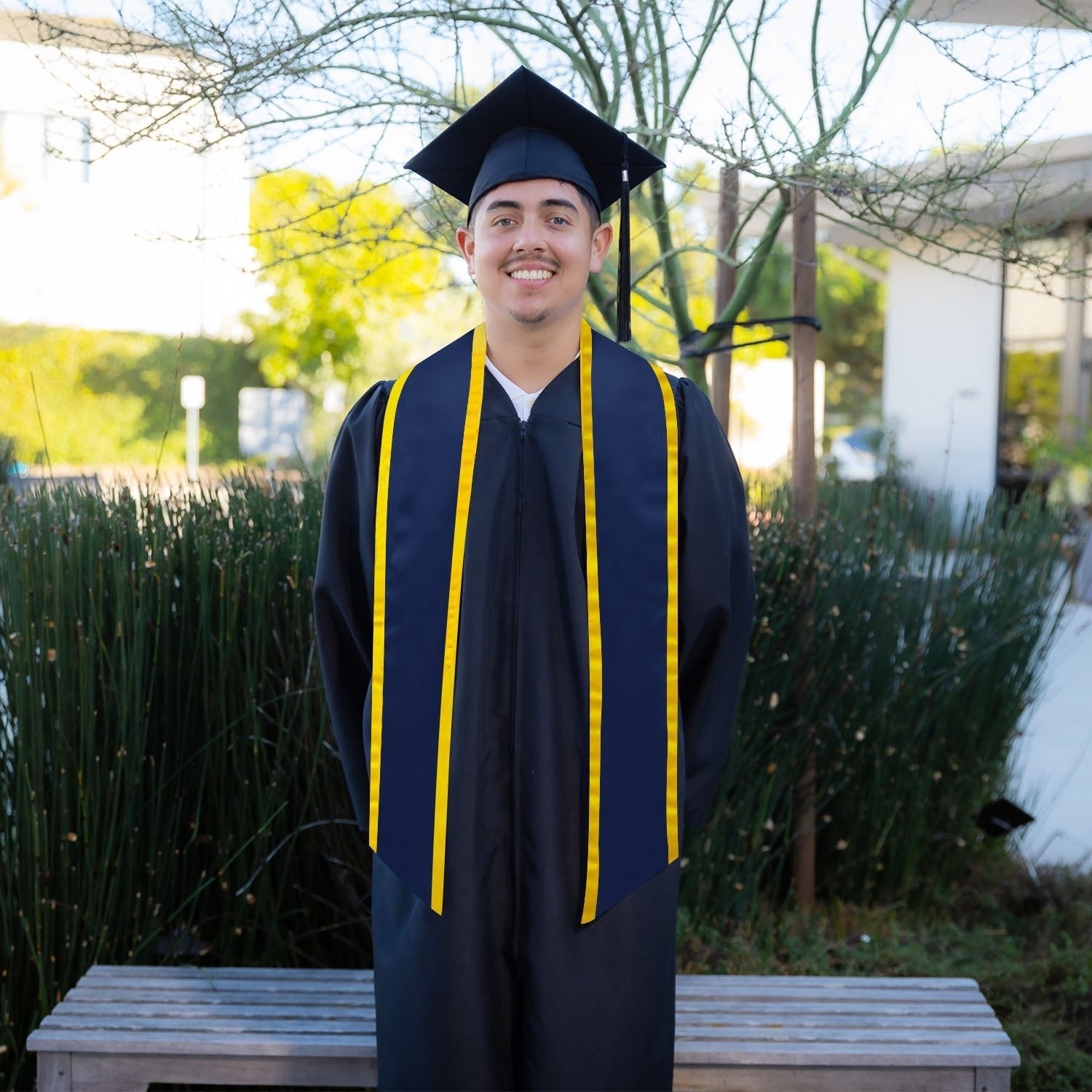 Navy Blue/Gold Plain Graduation Stole With Trim Color & Angled End - Endea Graduation