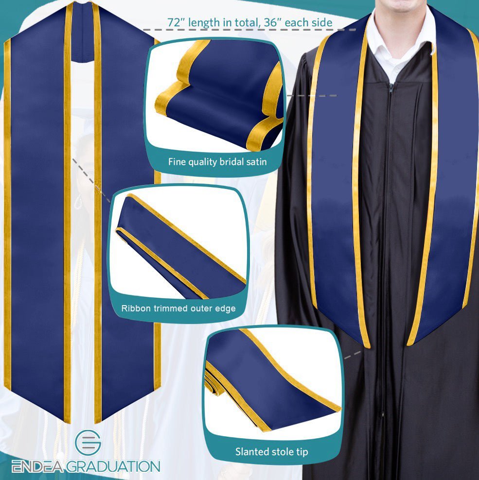 Navy Blue/Gold Plain Graduation Stole With Trim Color & Angled End - Endea Graduation