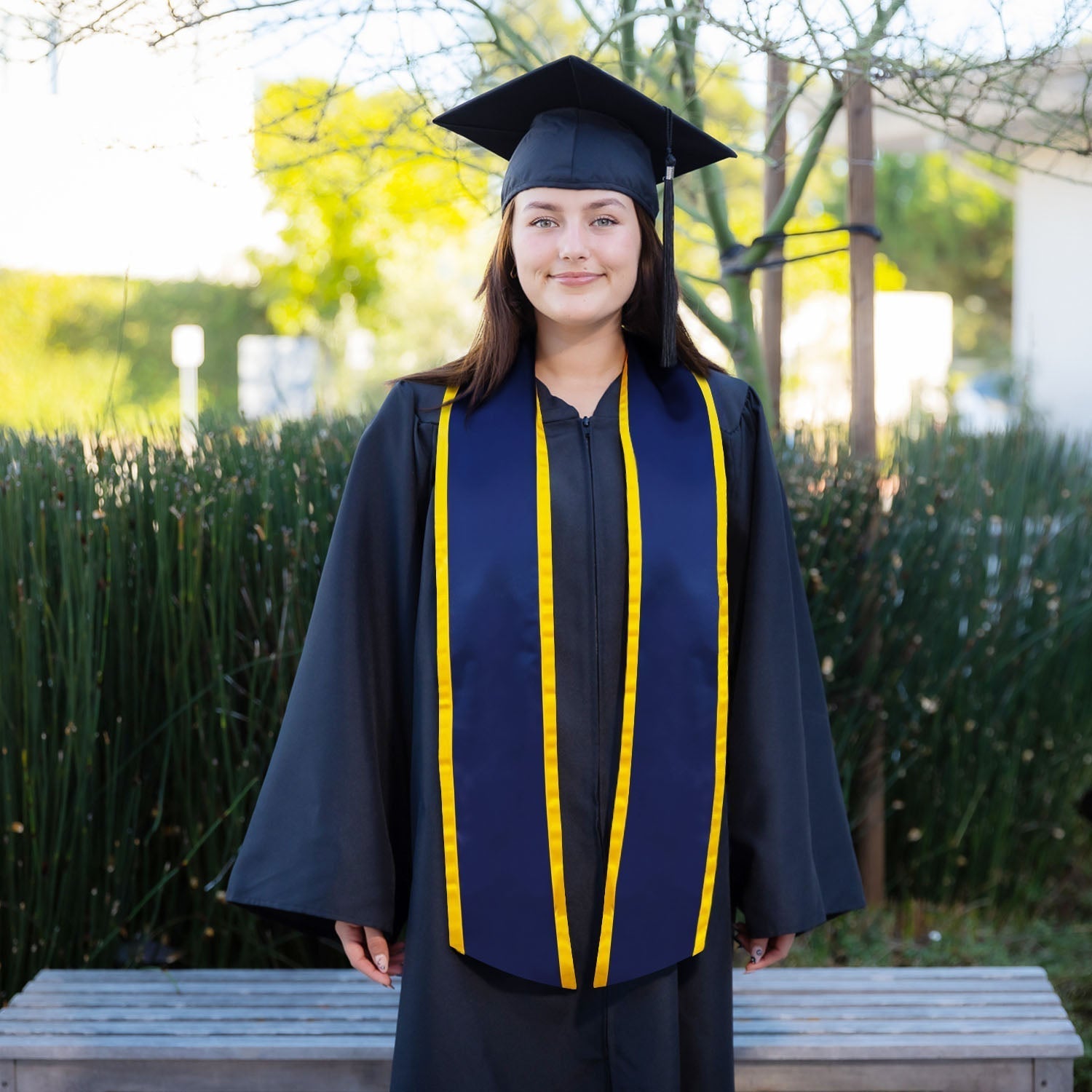 Navy Blue/Gold Plain Graduation Stole With Trim Color & Angled End - Endea Graduation