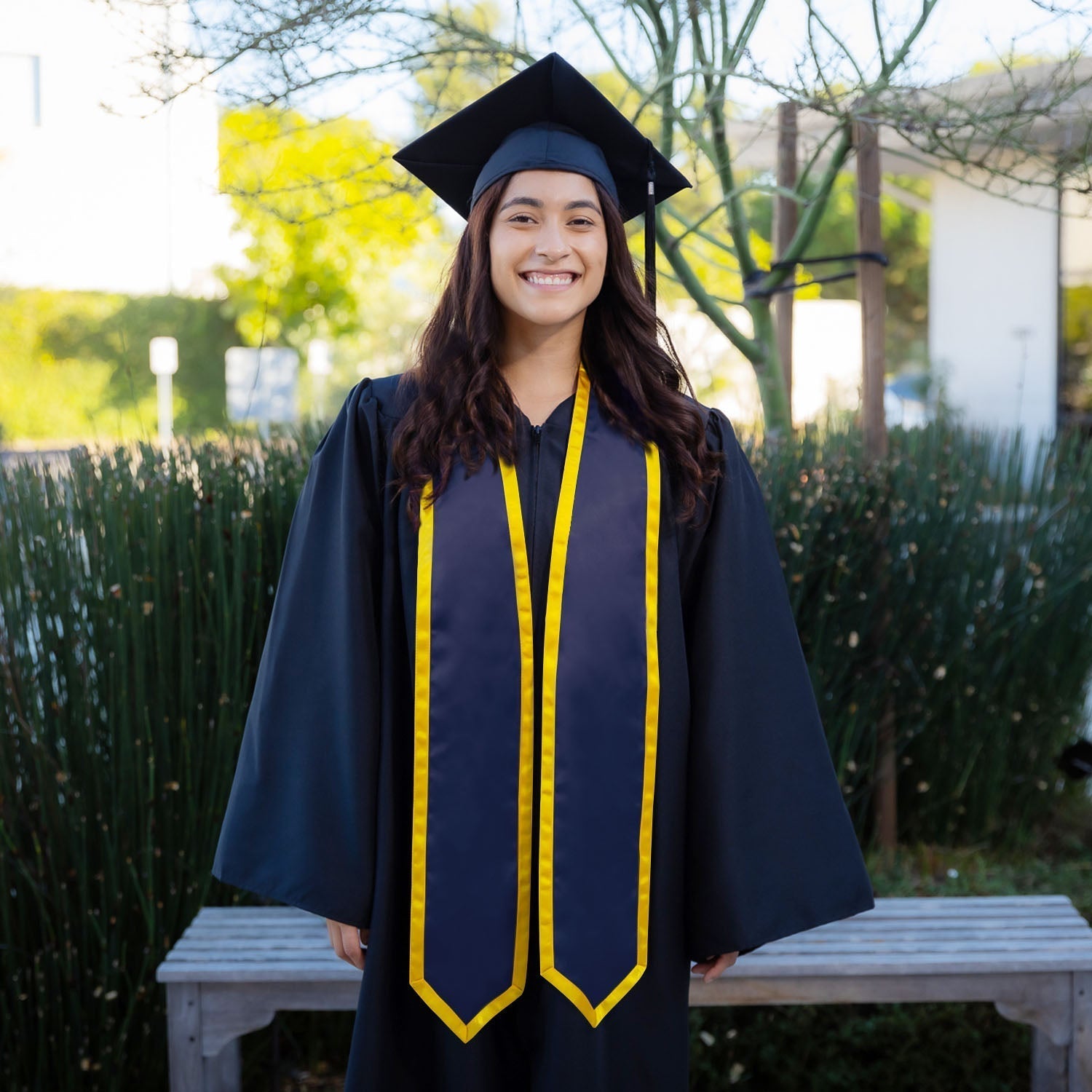 Navy Blue/Gold Plain Graduation Stole With Trim Color & Classic End - Endea Graduation