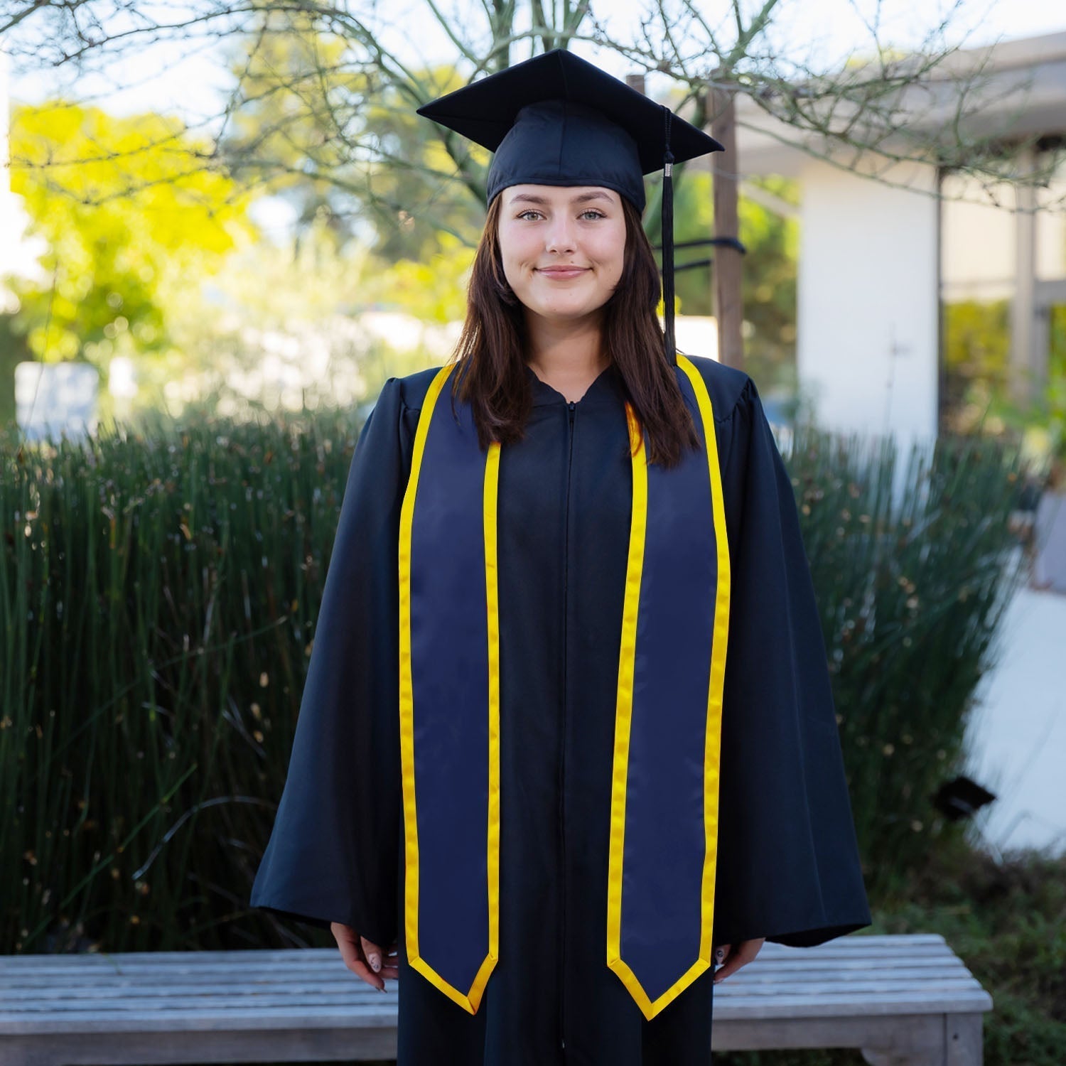 Navy Blue/Gold Plain Graduation Stole With Trim Color & Classic End - Endea Graduation