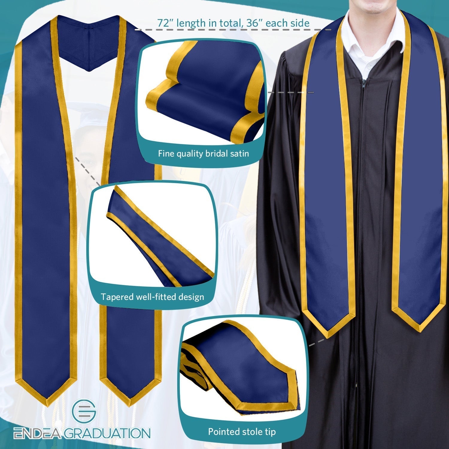 Navy Blue/Gold Plain Graduation Stole With Trim Color & Classic End - Endea Graduation