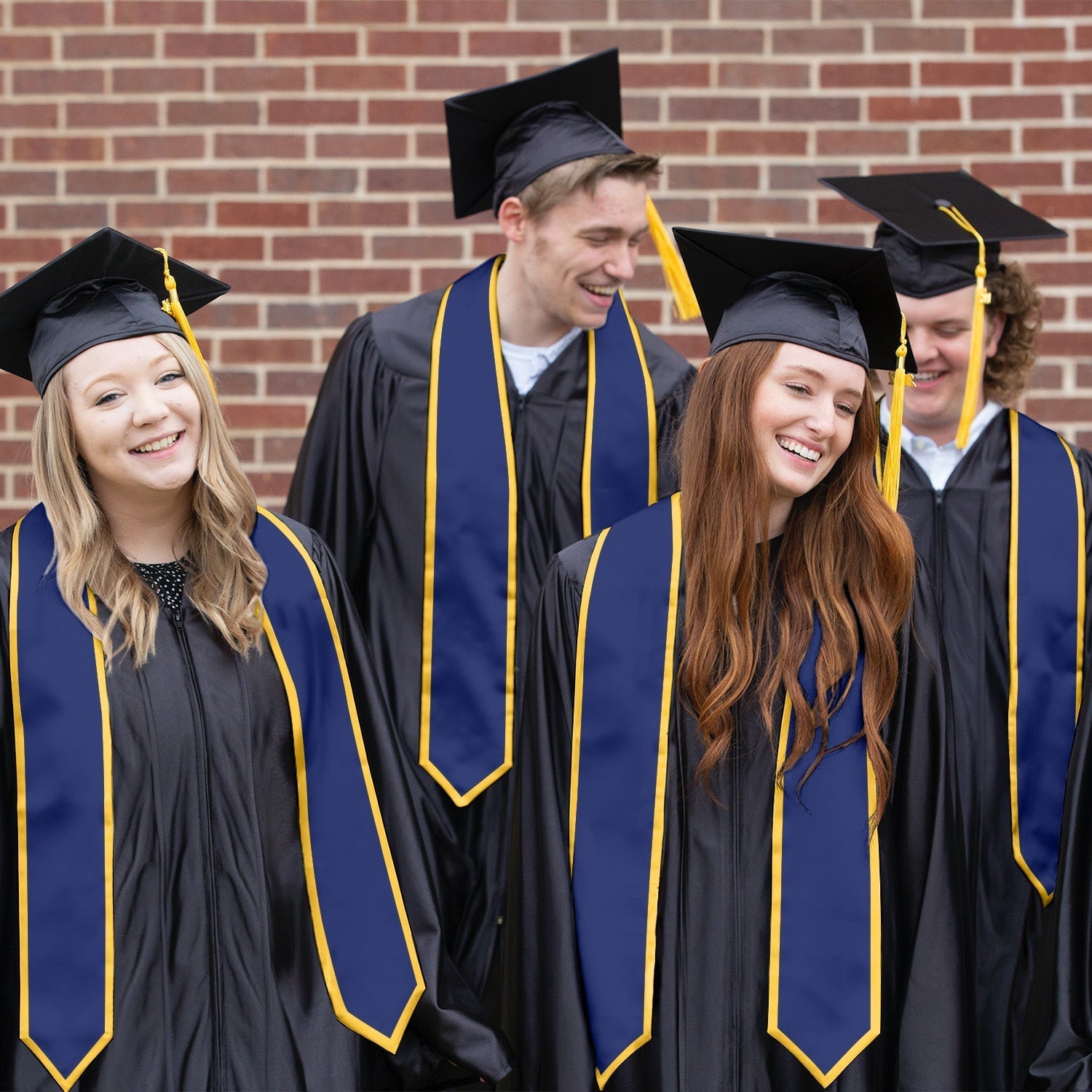 Navy Blue/Gold Plain Graduation Stole With Trim Color & Classic End - Endea Graduation