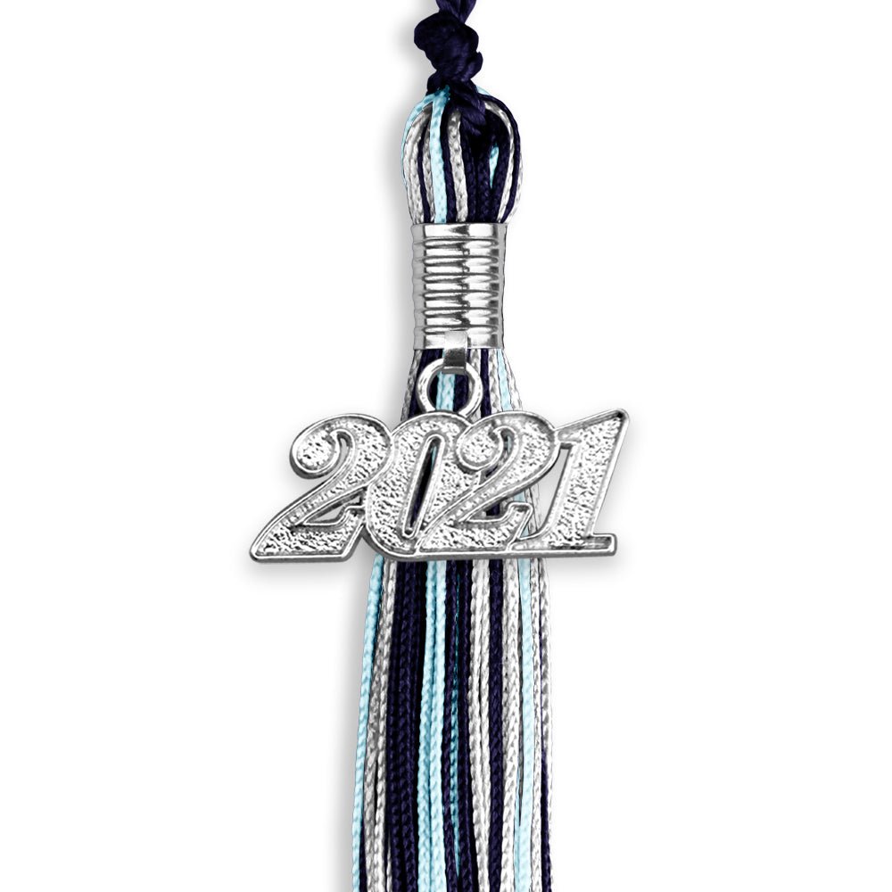 Navy Blue/Light Blue/Silver Mixed Color Graduation Tassel With Silver Date Drop - Endea Graduation