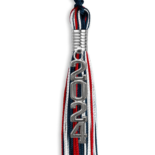 Navy Blue/Red/White Graduation Tassel With Silver Stacked Date Drop - Endea Graduation