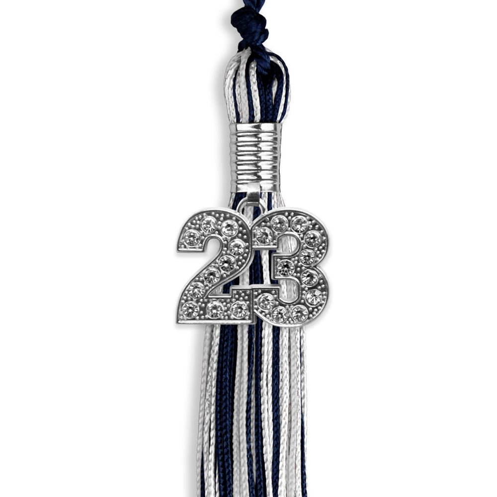 Navy Blue/Silver/White Mixed Color Graduation Tassel With Silver Date Drop - Endea Graduation