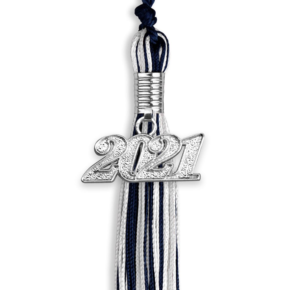 Navy Blue/Silver/White Mixed Color Graduation Tassel With Silver Date Drop - Endea Graduation