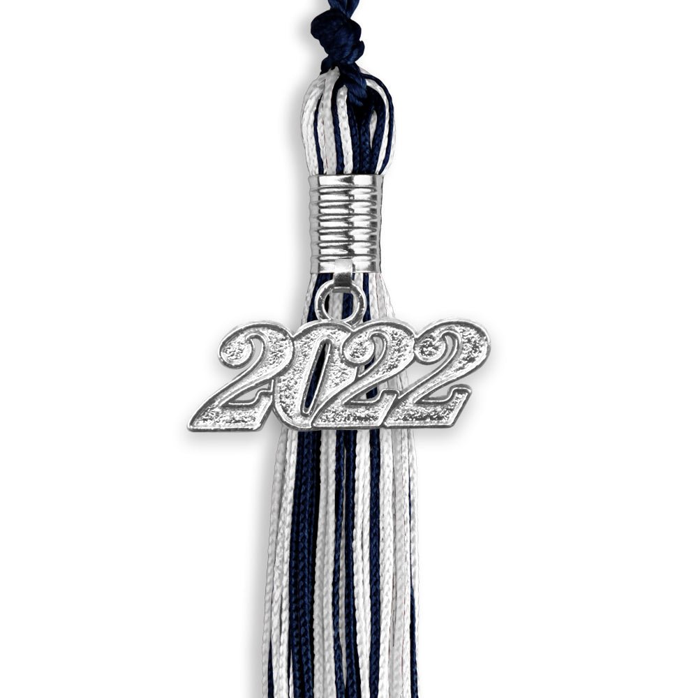 Navy Blue/Silver/White Mixed Color Graduation Tassel With Silver Date Drop - Endea Graduation