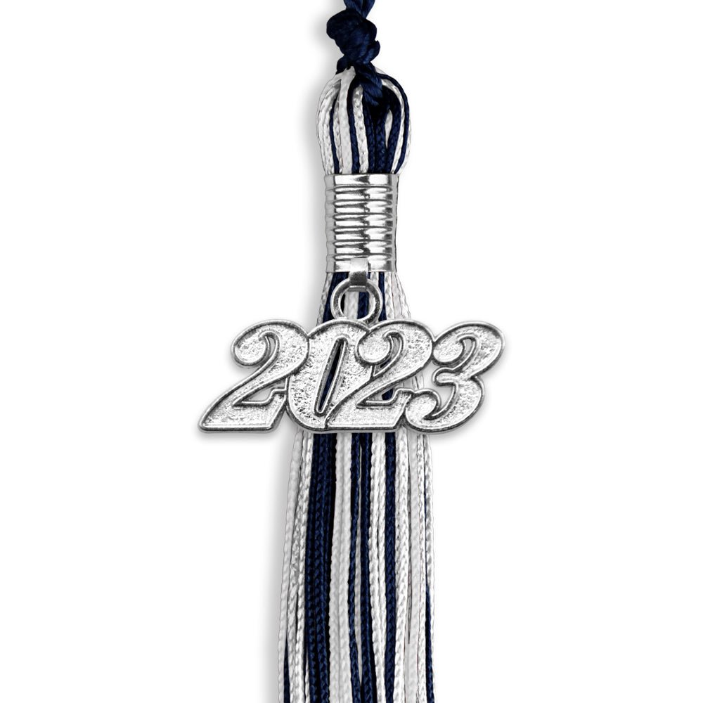 Navy Blue/Silver/White Mixed Color Graduation Tassel With Silver Date Drop - Endea Graduation