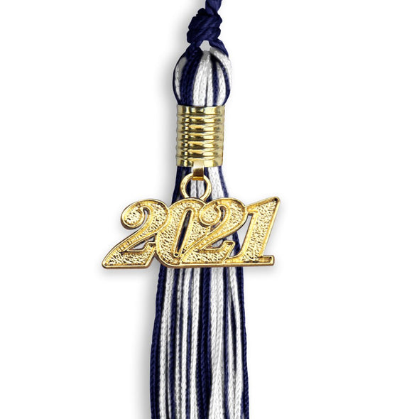 Navy Blue/White Mixed Color Graduation Tassel With Gold Date Drop - Endea Graduation