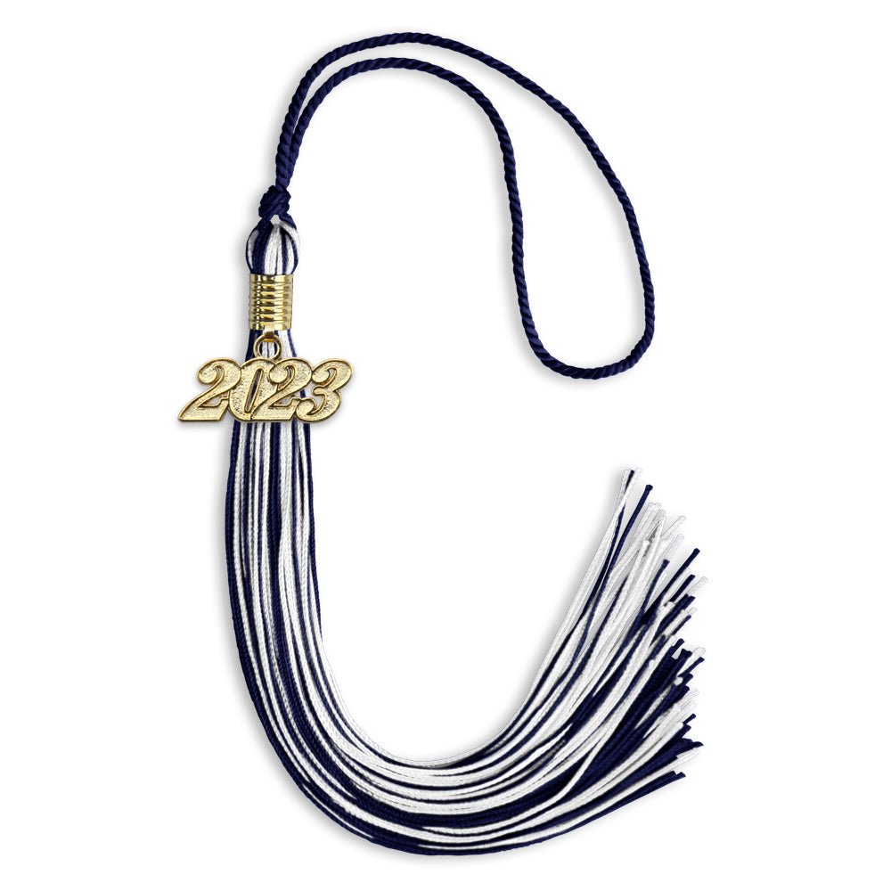 Navy Blue/White Mixed Color Graduation Tassel With Gold Date Drop - Endea Graduation