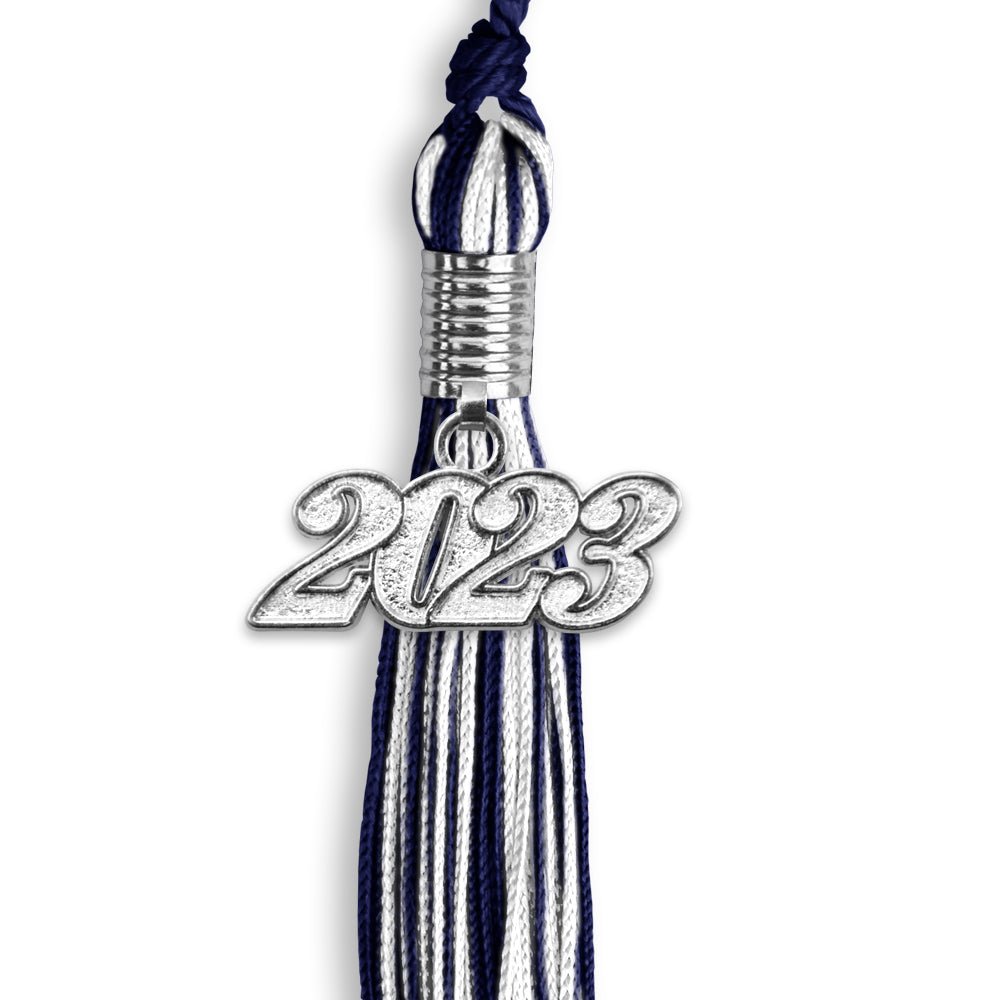 Navy Blue/White Mixed Color Graduation Tassel With Silver Date Drop - Endea Graduation