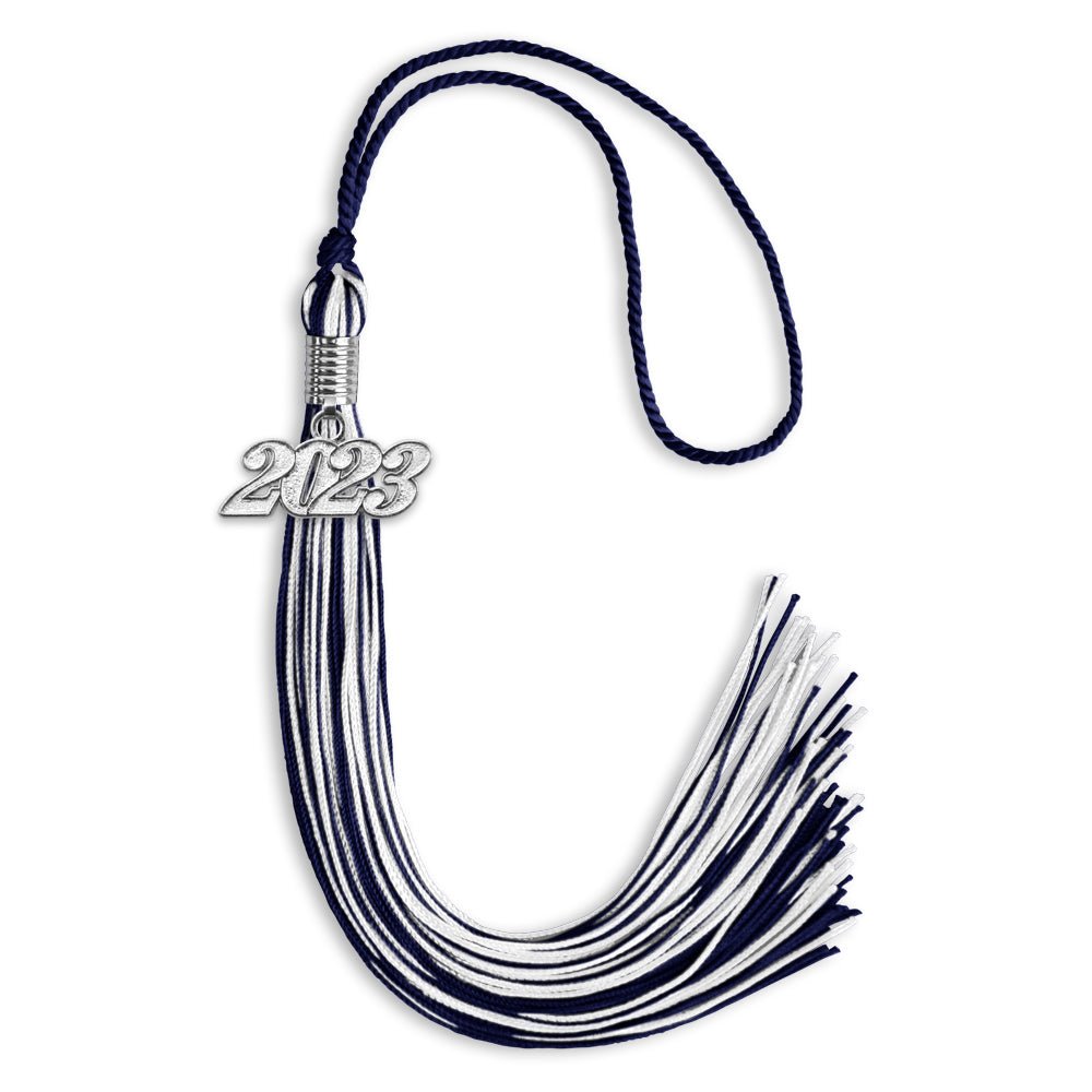 Navy Blue/White Mixed Color Graduation Tassel With Silver Date Drop - Endea Graduation