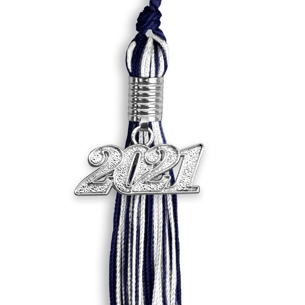 Navy Blue/White Mixed Color Graduation Tassel With Silver Date Drop - Endea Graduation