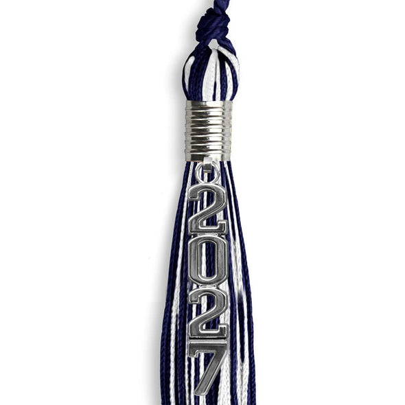 Navy Blue/White Mixed Color Graduation Tassel With Stacked Silver Date Drop - Endea Graduation