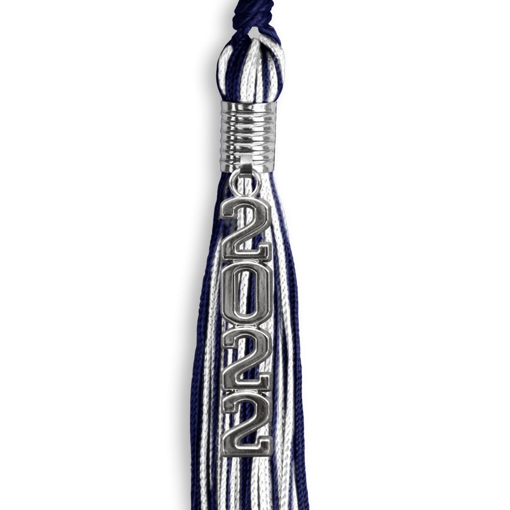 Navy Blue/White Mixed Color Graduation Tassel With Stacked Silver Date Drop - Endea Graduation