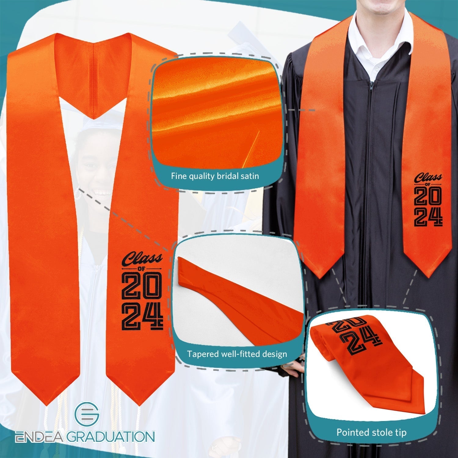 Orange Class of 2024 Graduation Stole/Sash With Classic Tips - Endea Graduation