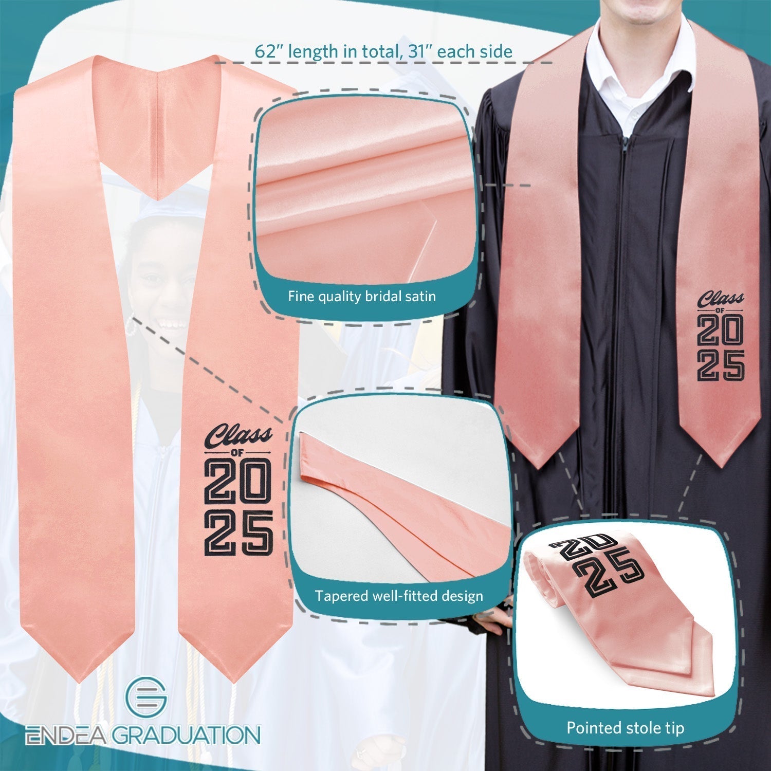 Pink Class of 2025 Graduation Stole/Sash With Classic Tips - Endea Graduation