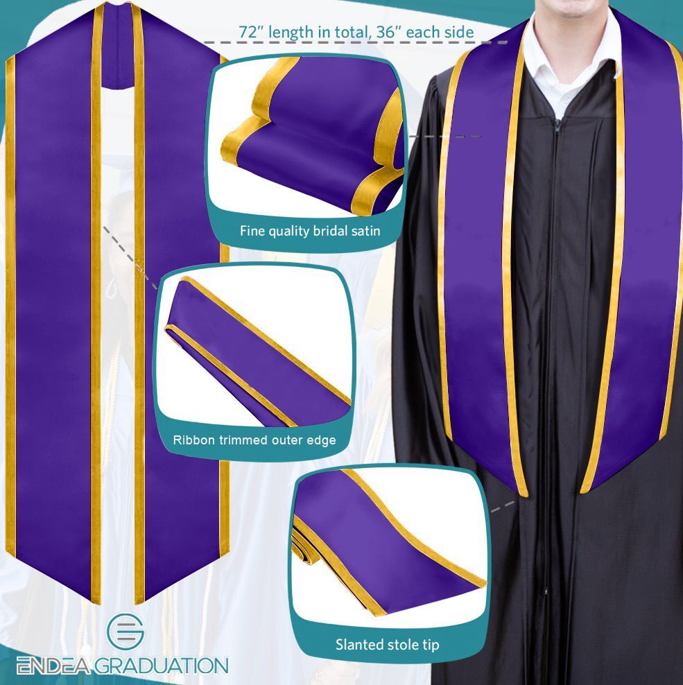 Purple/Gold Plain Graduation Stole With Trim Color & Angled End - Endea Graduation